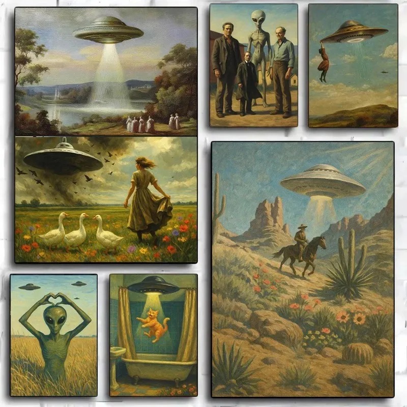 Vintage Fashion Wall Art - UFO Victorian Landscape Art Print Alien