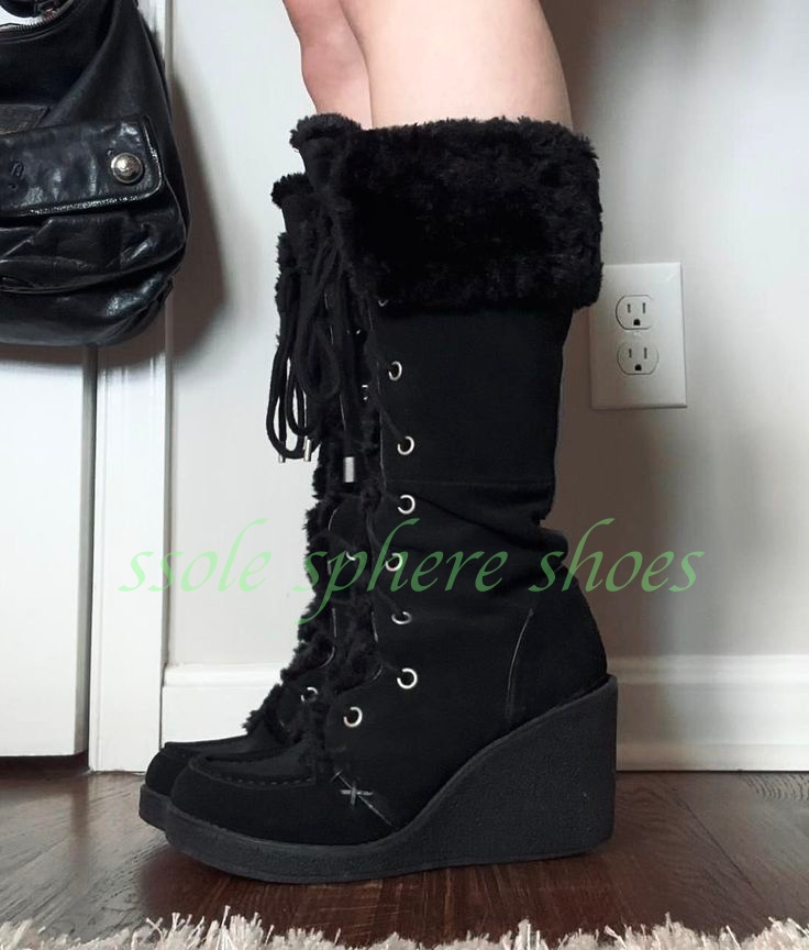Vintage Fashion Boots - Lady Black Suede Fur Warm Knee
