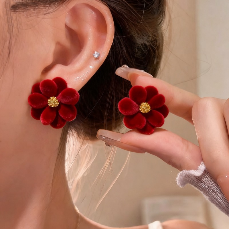 Vintage Fashion Guild - 925 Silver Needle Korean Fashion Red